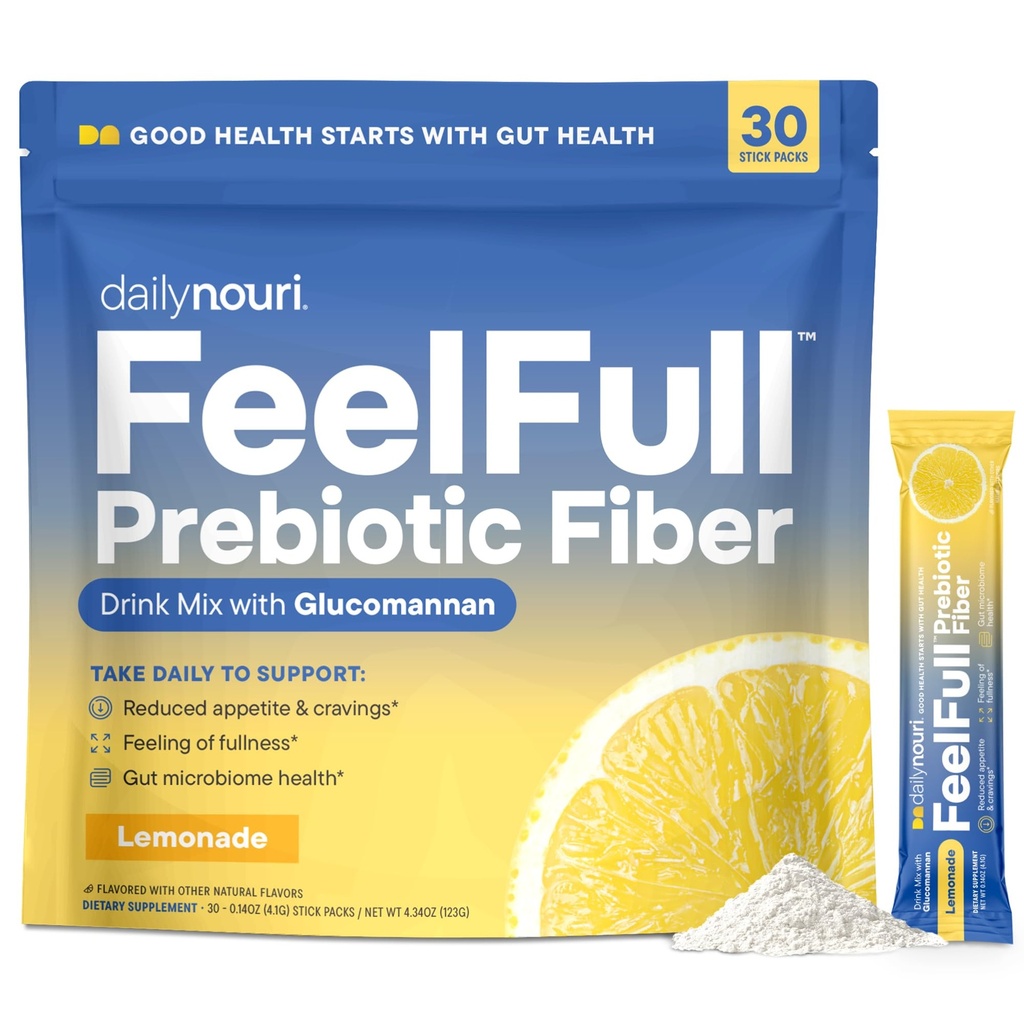Daily Nouri Feelfull Prebiotic Fiber Drink Mix 124; Support Natural Fullness, Appetite & Craurite, Gut & Metabolic Health 126; Oligofruktosa, Glucomannan & Chromium 124; 30 Stick Packs