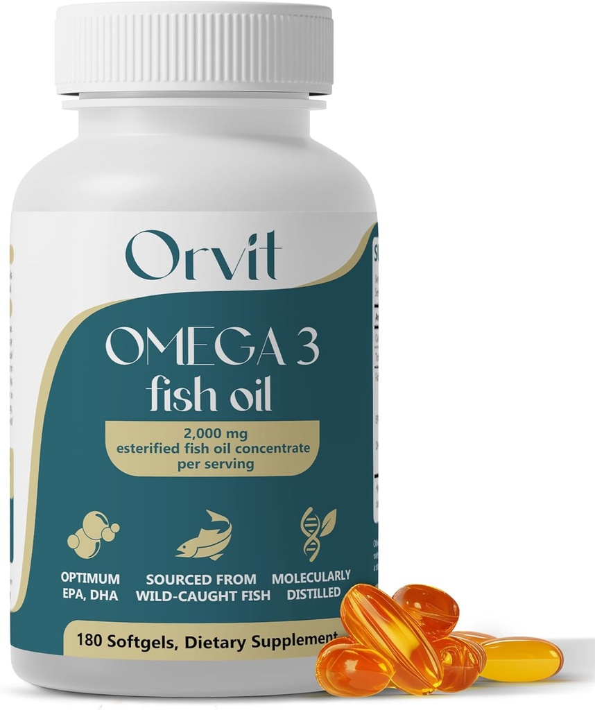 ORVIT Omega 3 Oil Softgel 2000 mg - Autimate EPA DHA Suplement for Men and Women - Burpless - No Fishy Taste - Tanpa rasa 180 Softgel - Organik, Non GMO - Dibuat di USA