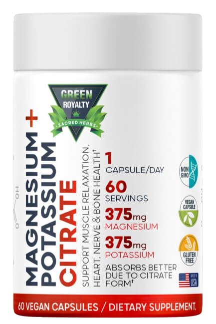 Magnesium Citrate + Potasium 60 Premium Vegan Capsules (Citrate 375 mg) + (375mg Pottales) Non GMO, Gluten Free - High Absorpsi Suplemen Dibuat di USA