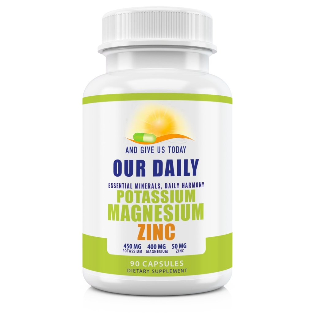 Suplemen Potasium Magnesium W Zinc - 90 Capsules 400MG Magnesium, 450MG Potasium, 50MG Zinc untuk Kesehatan Vaskular - Vegan Absorpsi Tinggi untuk Kram Kaki dan Tidur