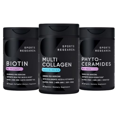 Vegan Penelitian Olahraga Biotin 10.000mcg dengan Coconut Oil, Multi Collagen Pills (Tipe I, II, III, V, X) Collagen Peptides Berhidrolyzed dengan Acid + Vitamin C & Phytoceramides 350mg per Softgel