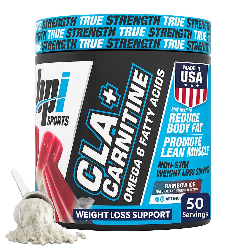BPI Sports CLA + Carnitine Powder - Non Stimulant Fat Burner for Weight Loss, Metabolism & Lean Muscle - Caffeine Free - Rainbow Ice - 50 Servings - 12.34 oz