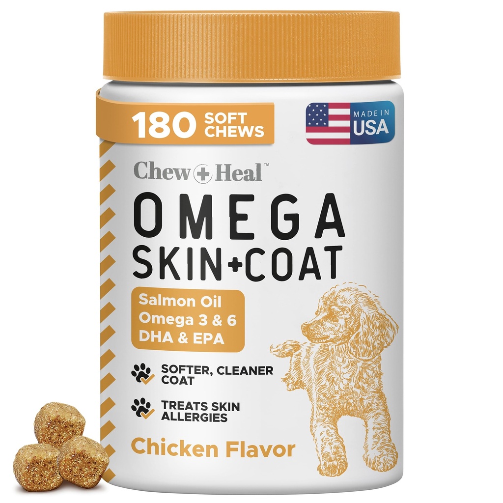 Salmon Oil for Dogs - 180 Soft Chew Omega Treats for Skin and Coat - Fish Oil Blend of Estimate Acids, Omega 3 dan 6, Vitamin, Antioksidants and Minir- dibuat di USA