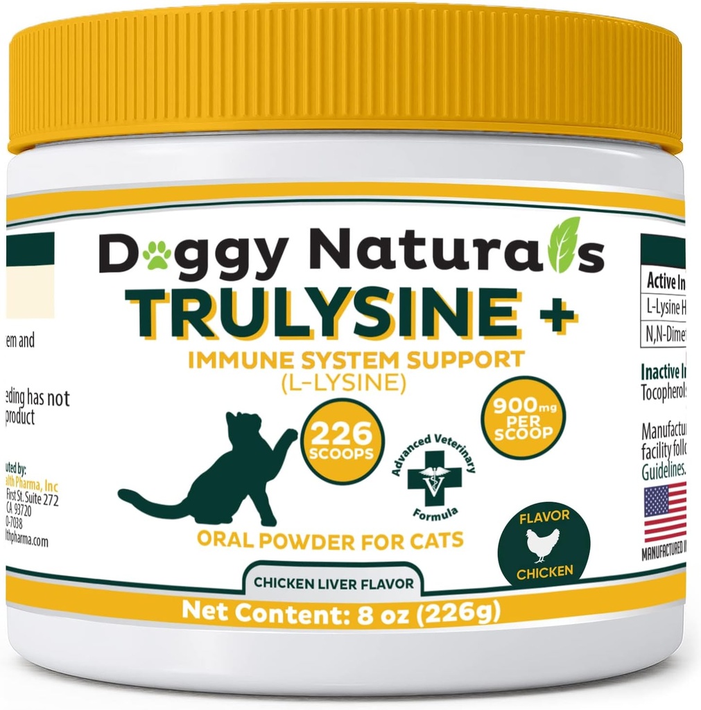 Trulysine Plus L-Lysine for Cats Ammune Duck Oral Powder 8oz / 226g - Cats & Kittens of All Age, Sneezing, Runny Nose Squinting, Watery Eyes Chicken Flavor (226 Grams (900mg / Scoop)