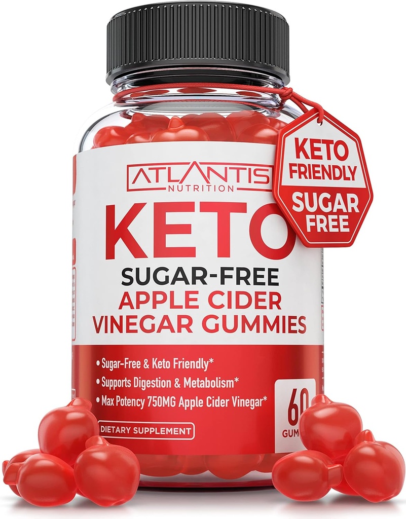 Nutrition Atlantis Sugar- Free Keto ACV Gummies untuk Wheight Loss - Apple Cider Vinegar Formumies dengan 750MG ACV Per Serving - Pasokan Ditrable, Weight Los, Detox & Cleansing - 60 Count