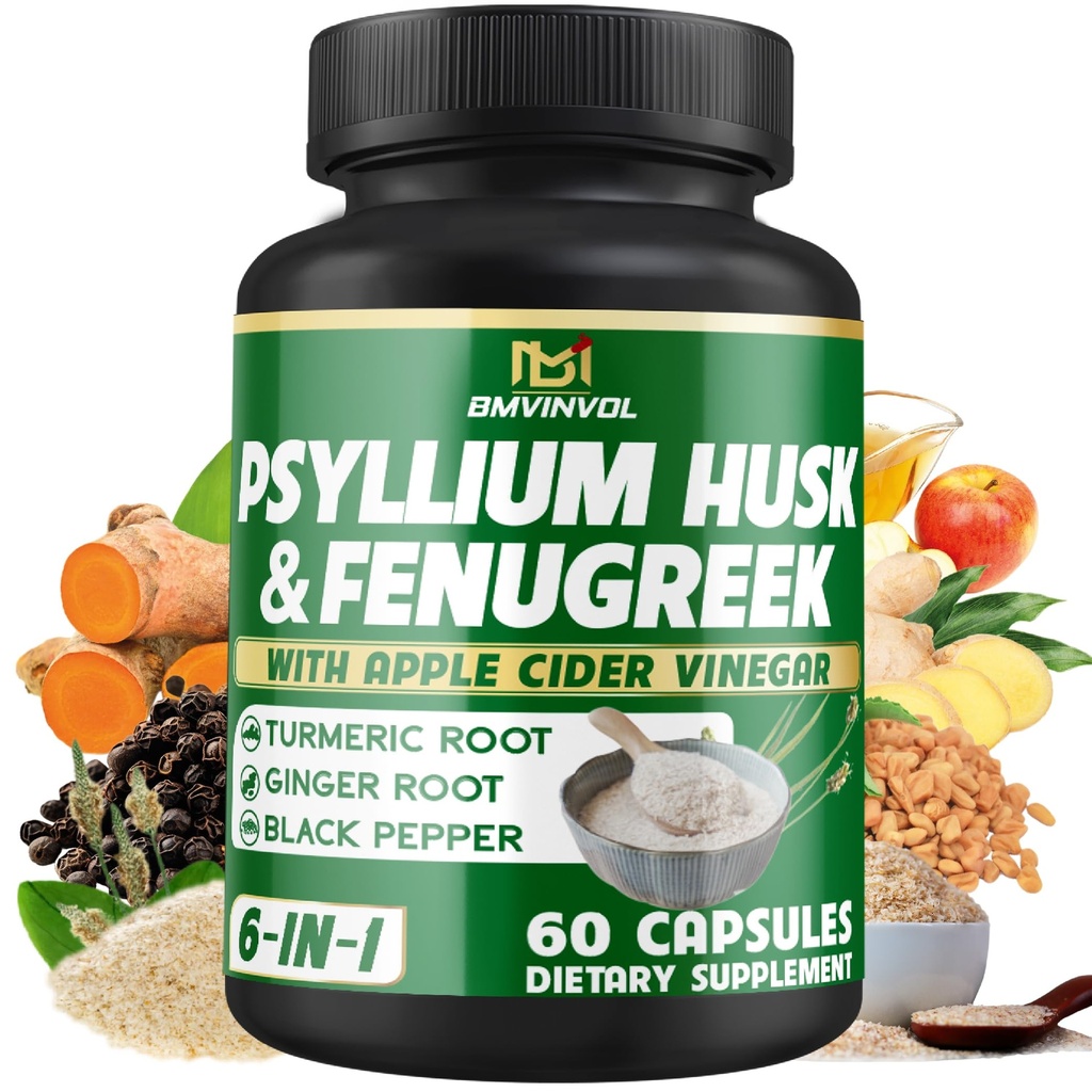 BMVINVOL Psyllium Husk Fiber Suplement t dengan Fenogreek, Apple Cider Vinegar, Turmeric, Ginger, Black Pepper- Disuffic Kesehatan Dukungan - 60 Capsules
