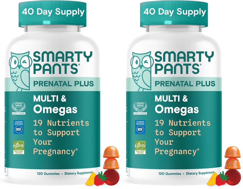 SmartyPants Prenatal Multivitamin Gummies, Omega 3 (DHA / EPA), Methylfolat, Biotin D3, C, Vitamin B12, B6, A, K & Zinc, Gluten Free, 120 Count (40 Hari Supply) (Paket 2)