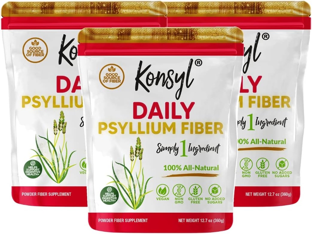 Konsyl Daily Psyllium Fiber, 3 Pack, 360g Gusset Bag, Gluten Free, Non GMO, Keto Friendly, Unflasheed, Easy Mixing Fiber