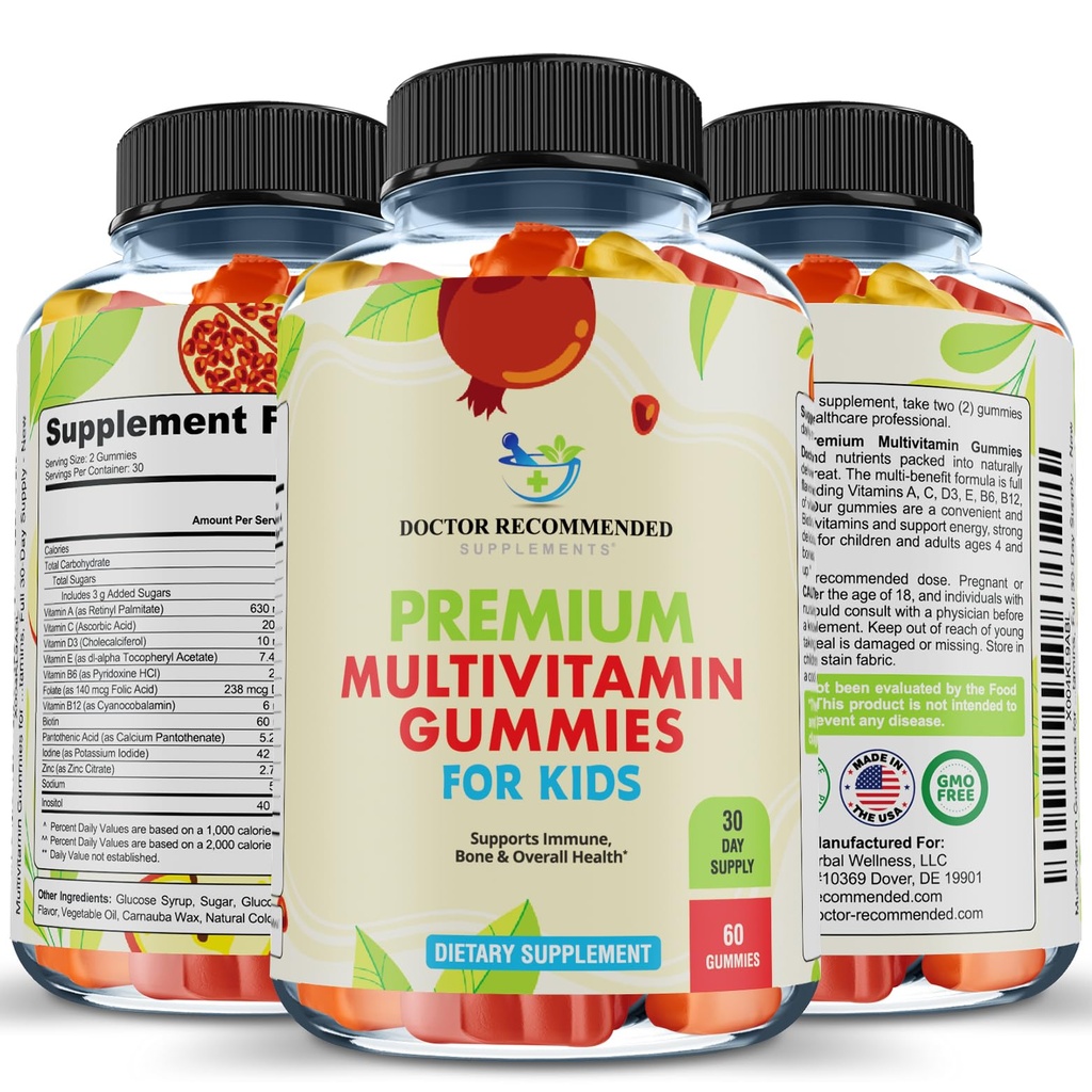 Premium Multivitamin Gummies for Toddlers & Kids - Disable Esquest Daily Vitamin A, C, D3, E, B6, B12, Biotin - No High-Fructoe- Corn-Syrup or Artificial Sweeteners - 60 Gummies, 30- Day Supply