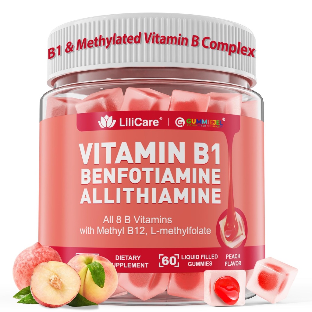 Vitamin B1 & Methylated Vitamin B Complex Gummies - All B Vitamin, Benfotiamine, Thiamine & Inositol, Metholated B1 B2 B6 Multivitamin, L- methylfolate, Metil B12 untuk Nerve Cognition Energy, 60 Cts