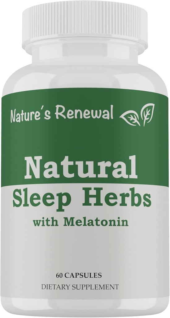Suplemen Tidur Nature 's Renewal Natural - Melonaciin, Akar Valerian, Ashwagandha, Magnesium, Chamomile, Homeopathic Herbal untuk Dewasa - 60 Capsules