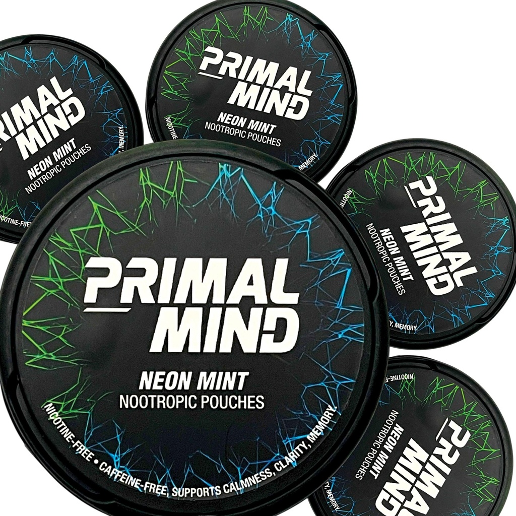 Mint Primal Neon Mint - Stimulant Free Calm Pouches 124; L-Theanine + Bacopa Monnieri + Ginkgo Biloba Bilobi; Nicotine- Free, Caffeine- Free 124; 20 Pouches Per Can (100 Total dalam 5- Pack)