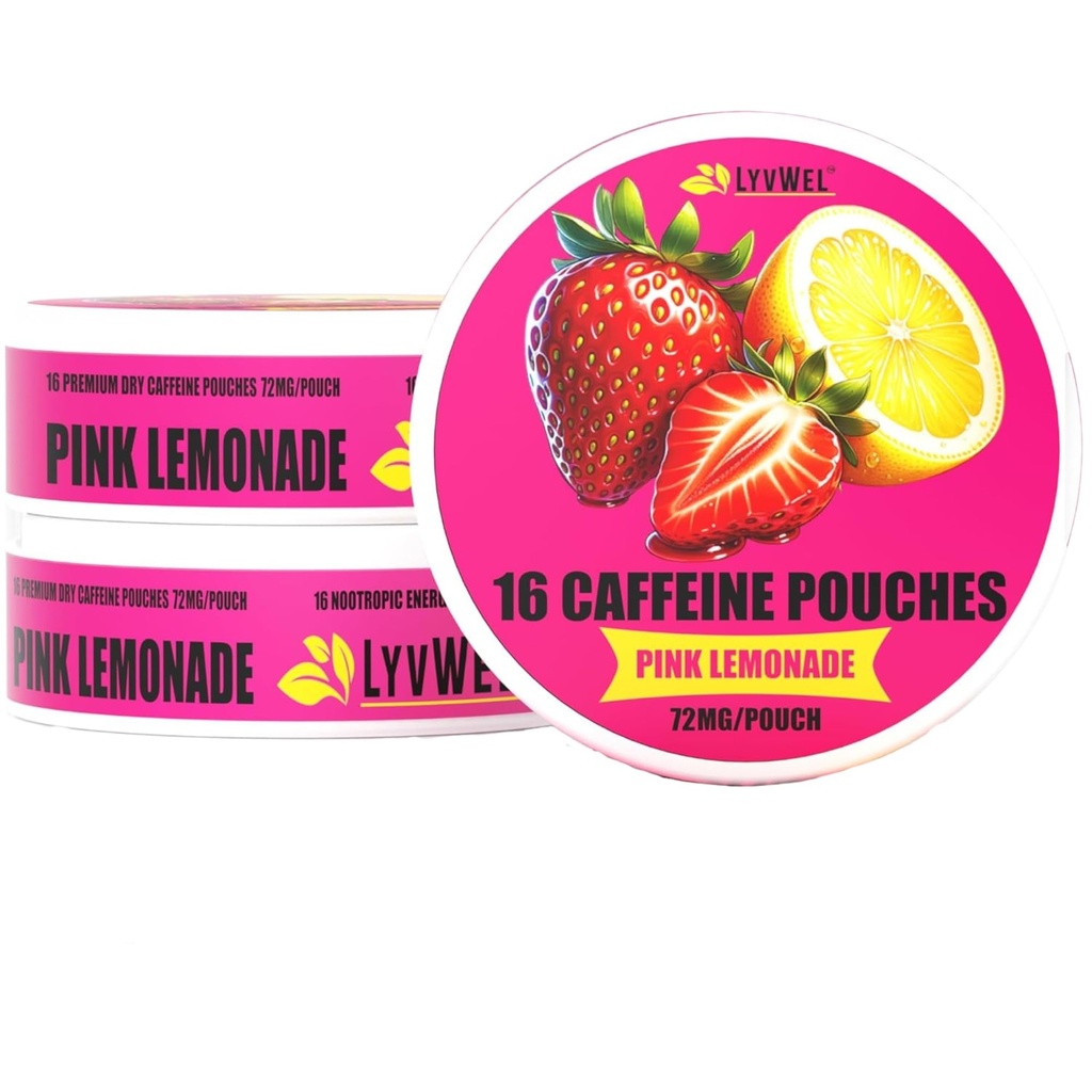 LyvWel 72mg Caffeine Energy Pouches 126; Nootropic Focus & Neuro Dukung 14; 3- Pack with 16 Pouches Per Can Of4; Tobacco-Free, Nicotine- Free, Quick Energy Solution (3 Pack, Pink Lemonade)