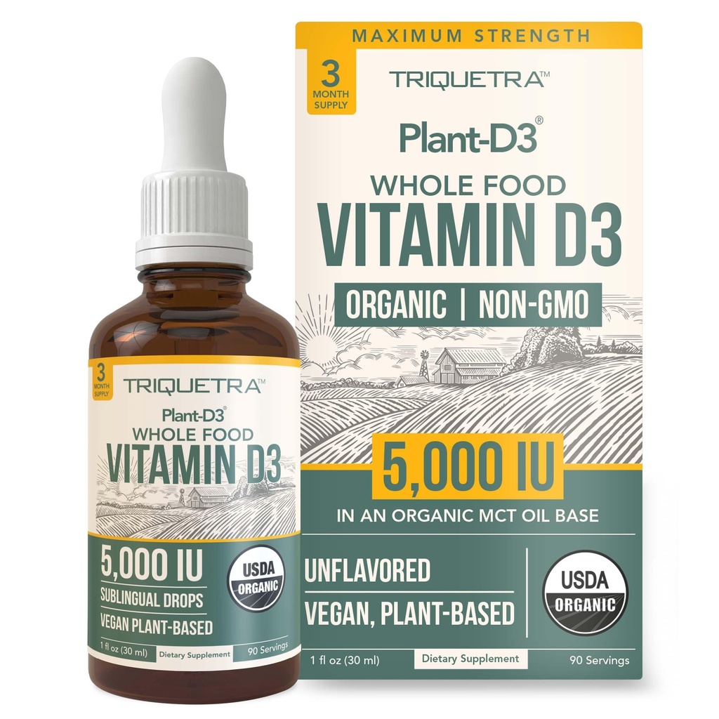 Plant-D3 Organik Vitamin D3 5000 IU - Vegan, Max Power Sublingual Liquid D3 Drops - 200% Higher Absorpsi - 100% Tanaman - berbasis Cholecalferol Bentuk - Adjustable Dosing for All Ages (1oz Liquid)