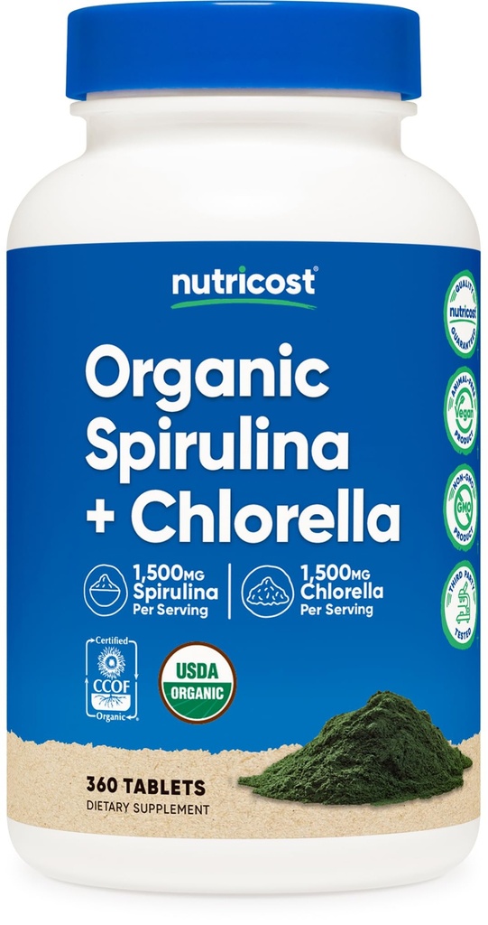 Limo Spirulina Organik + Chlorella (3.000mg) 360 Tablet - USDA Organik, 1.500mg Spirulina, 1.500mg Chlorella, Vegan, GMO- Free, Gluten- Free, 60 Servings