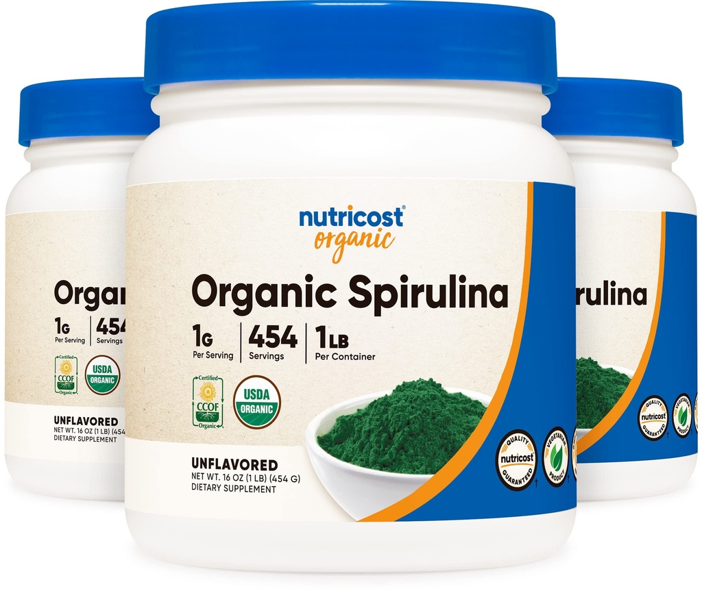 Nutricost Organic Spirulina Powder Unfeared, 1LB Container for 454 Servings (3 Bottles) - Vegan, GMO Free and Gluten Free