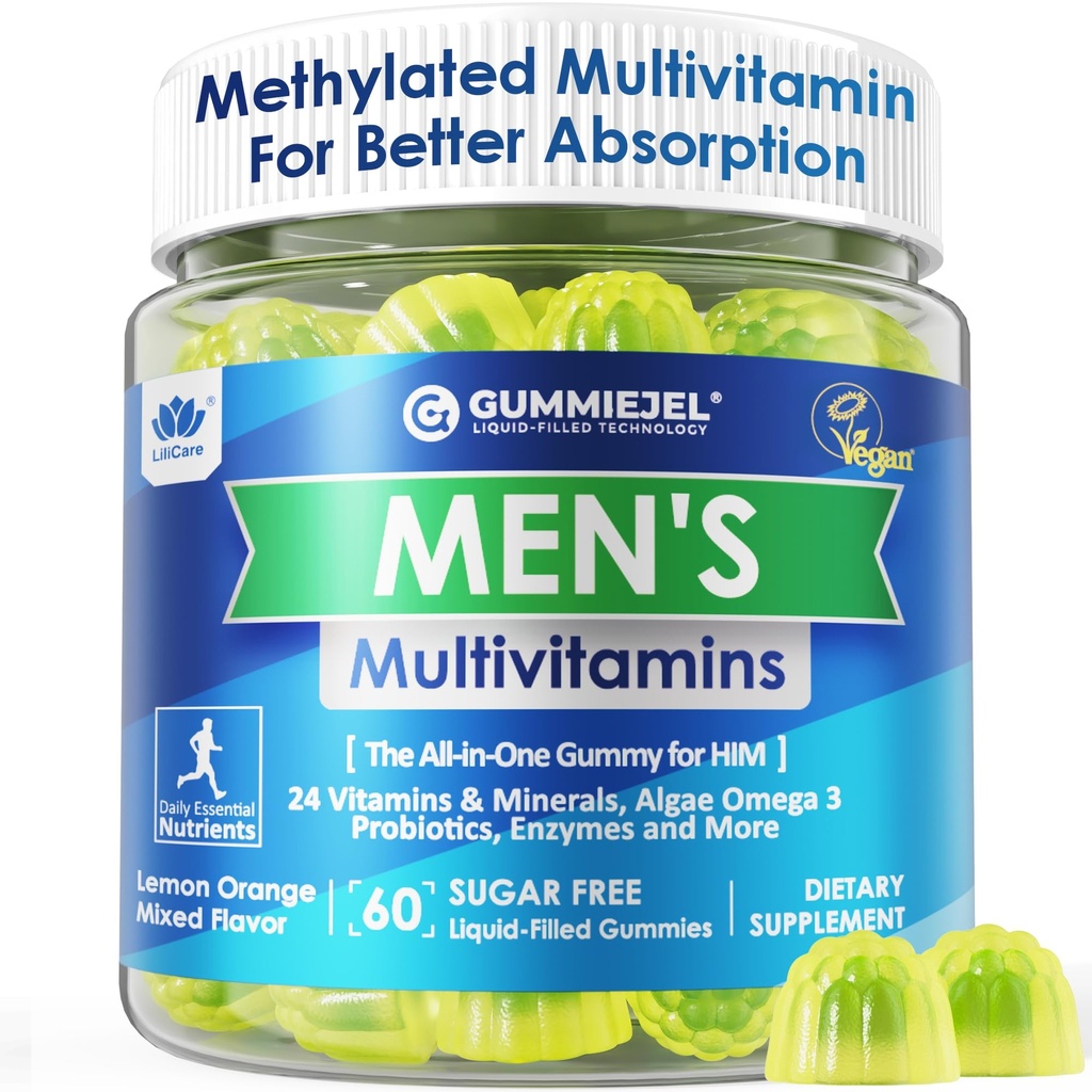Mineral Multivitamin Gummies, Methylated Multivitamin for Men, B Complex, Mineces, Vegan Omega 3, Probiotic, Enzyme, Antioksidants for Men 's Complete Daily Support, Sugar Free, Vegan (No Iron) 60 Counts