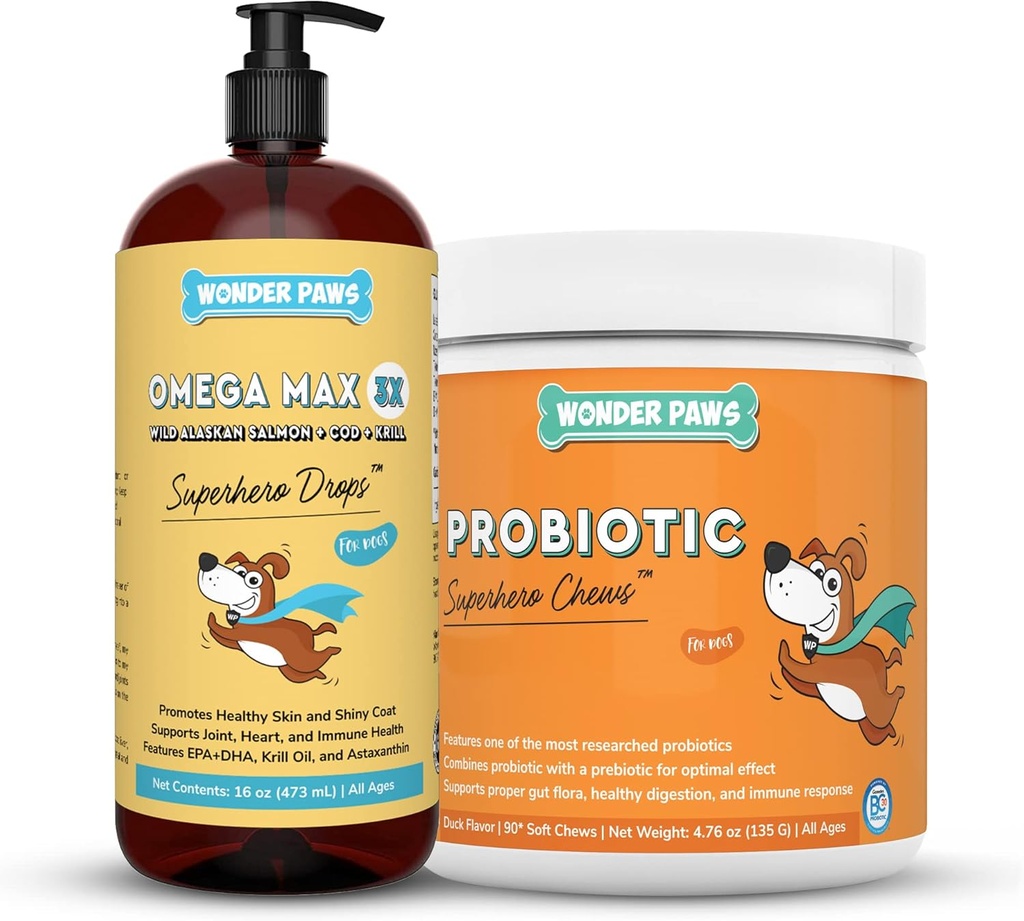 WONDER PAWS Omega Max Fish Oil Plus Probiotic Chews - for Dog Joint Health, Skin Moilets, Gut Health & Daily Wellness - Omega Max 16 Ounces - Probiotic 90 Chews
