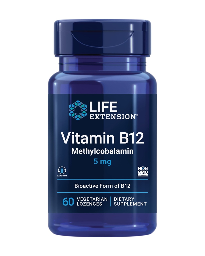 Ekstensi Hidup Vitamin B12 Methylcobalamin, Pendukung Kesehatan Nerve, Dukungan Kognitive, Vitamin Energi, methylcobalamin B12, 5 mg, Quick-Dissolve, Gluten- Free, Non-GMO, Vegetarian, 60 lozenges