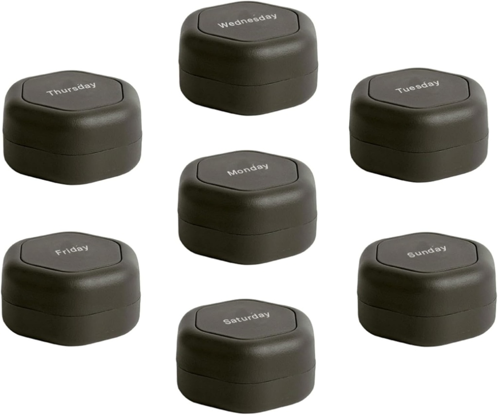Kontainer Perjalanan Cadence - Pill Case Set - Katup Perjalanan Magnetik, Daily Medicine Organizer for Pills, Suplemen, & Vitamin - 7 Flex Smalls (0.56oz) untuk Weekly Pill Organizer - Arang