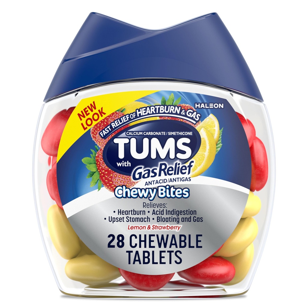 TUMS Chewy Bites Chewable Antax Tablet with Gas Relief, Lemon & Strawberry - 28 Count