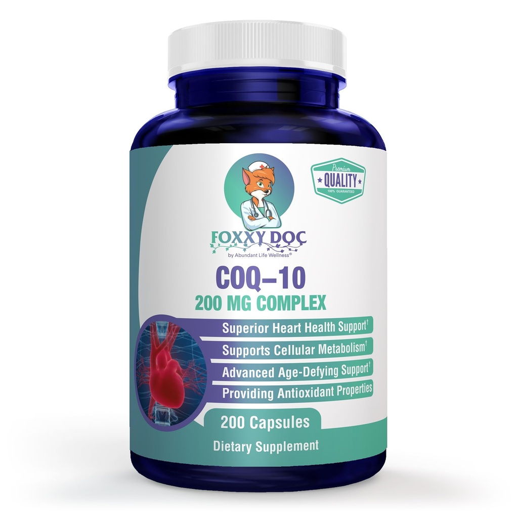 CoQ10 - Co-Enzyme Q10- 200 mg - Excellent Value - 200 Caps - Quick Absorpsi - Veg. Caps - Non-GMO - Ubiquinone - Heart & Cellular Energy & Brain Suplemen oleh Foxxy Doc