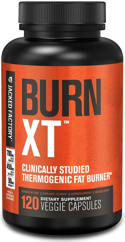 Jacked Factory Burn- XT Clinically Studied Fat Burner & Weight Looss Suppressant & Energy Booster - dengan Acetyl L- Carnitine, Green Tea Extract dan More - 120 Natural Diet Pills