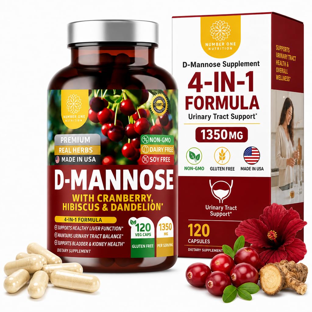Premium D Premium Nomor Satu Tambahan Perempuan dan Pria [Max Kekuatan, 1350MG] Natural D-Mannose dengan Cranberry, Hibiscus dan Dandelion untuk Kesehatan Trakta Uriner, 120 Count