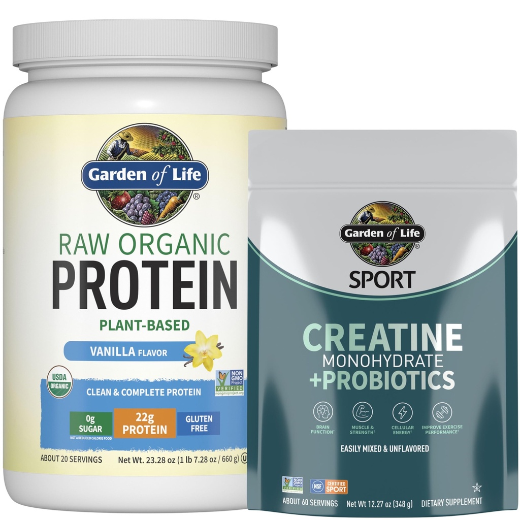Taman Kehidupan Protein & Creatine Bundle - Vegan Vanilla Protein Powder 20 Servis dengan BCAAs, Prozymes + Enzymes + Creatine Monohydrout 60 Servis untuk Muscle, Kekuatan & Performance