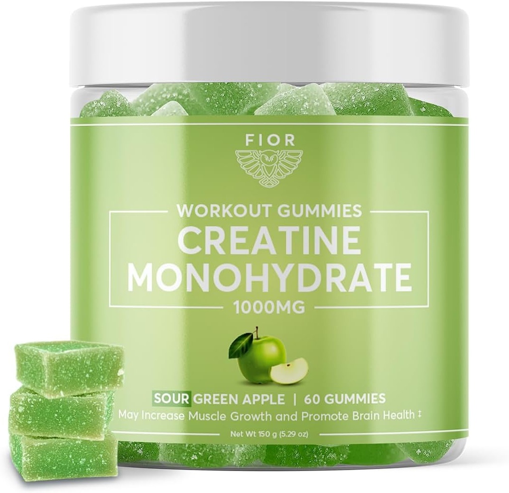 FIOR Creatine Gummy - Best Creatine Monohydrate Chewable, 60 Count, Workout & Protein Suplement, Sour Green Apple Flavor, 30 Servis