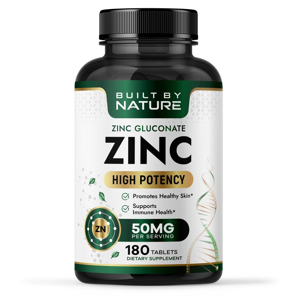 Dibangun oleh Nature Zinc 50 mg - Gluconate Zinc untuk Highly-Absorbable Ammune & Antioksidant Dukungan - Promotes Skin, Eye & Imune Kesehatan - Non-GMO, Gluten- Free - 180 tablet