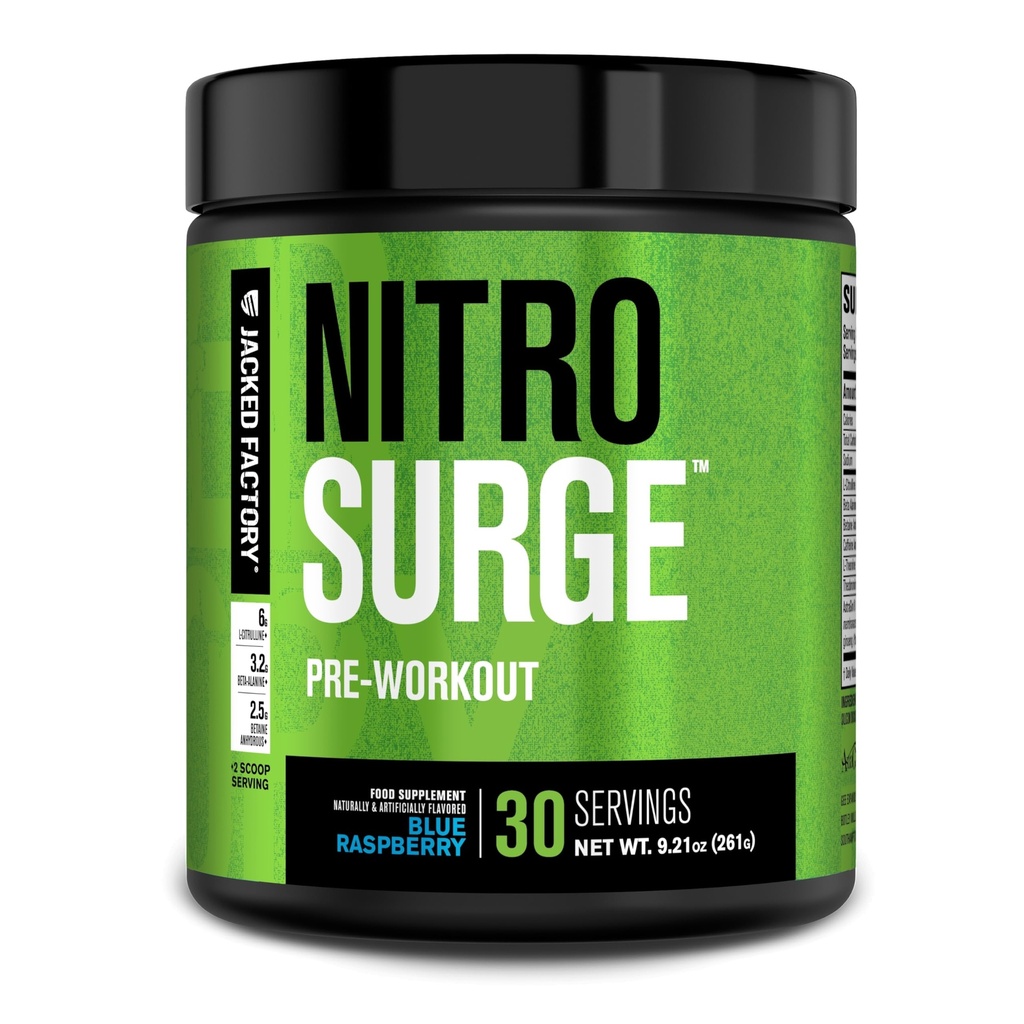 Jacked Factory NITROSURGE Pre Workout Supplement - Energy Booster, Instant Power Gains, Clear Focus & Intense Pumps - NO Booster & Powerful Pretraining Energy Quoder - 30, Blue Raspberry
