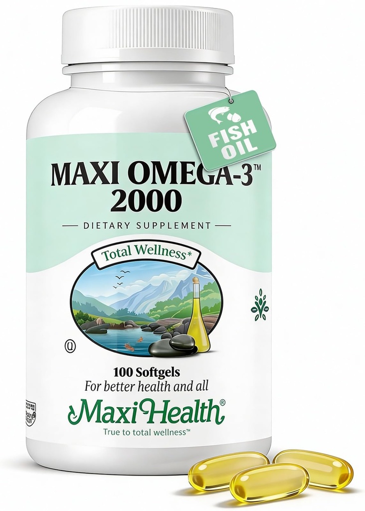 Maxi Health Omega 3 Fish Oil 2000mg - Fish Oil Omega 3 Suplemen dengan No Fishy Aftertaste - Triple Strength EPA DHA - Kosher Omega3 Suppport untuk Bantuan Bantuan Overall Wellness (100 Softgels)