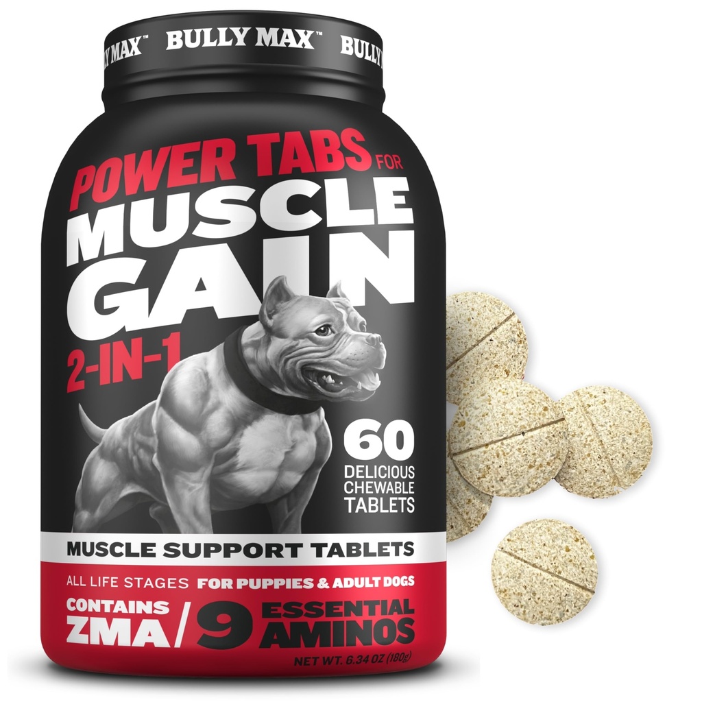 Bully Max 2-in- 1 Muscle Builder Tablets Chewable untuk Puppy & Adult Dogs - Puppy & Dog Vitamin & Suplemen untuk Muscle Gain & Growth - Ultimate Canine Multivitamin untuk All Breeds & Ages - 60 Tab