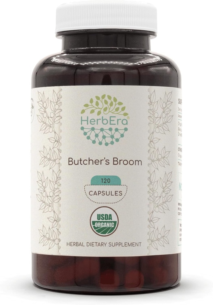 HerbEra Butcher 's Broom USDA 120 Kapsul 124; Suplemen Herbal Alam 124; Certified Organic Vegetarian Capsules dan Organic Butcher' s Broom (Ruscus aculetus) Root Kering (120 Capsules)