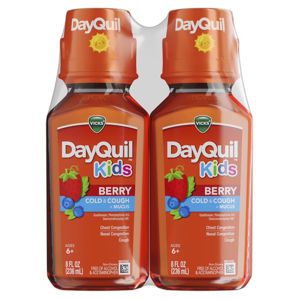 Vicks Kids DayQuil Berry Cold & Cough Medicine Co-Pack, Daytime Relief of Multiple Symptoms, Greatting Berry Flavor, Free of Alkohol & Acetaminofhen, For Ages 6 +, 2x8oz
