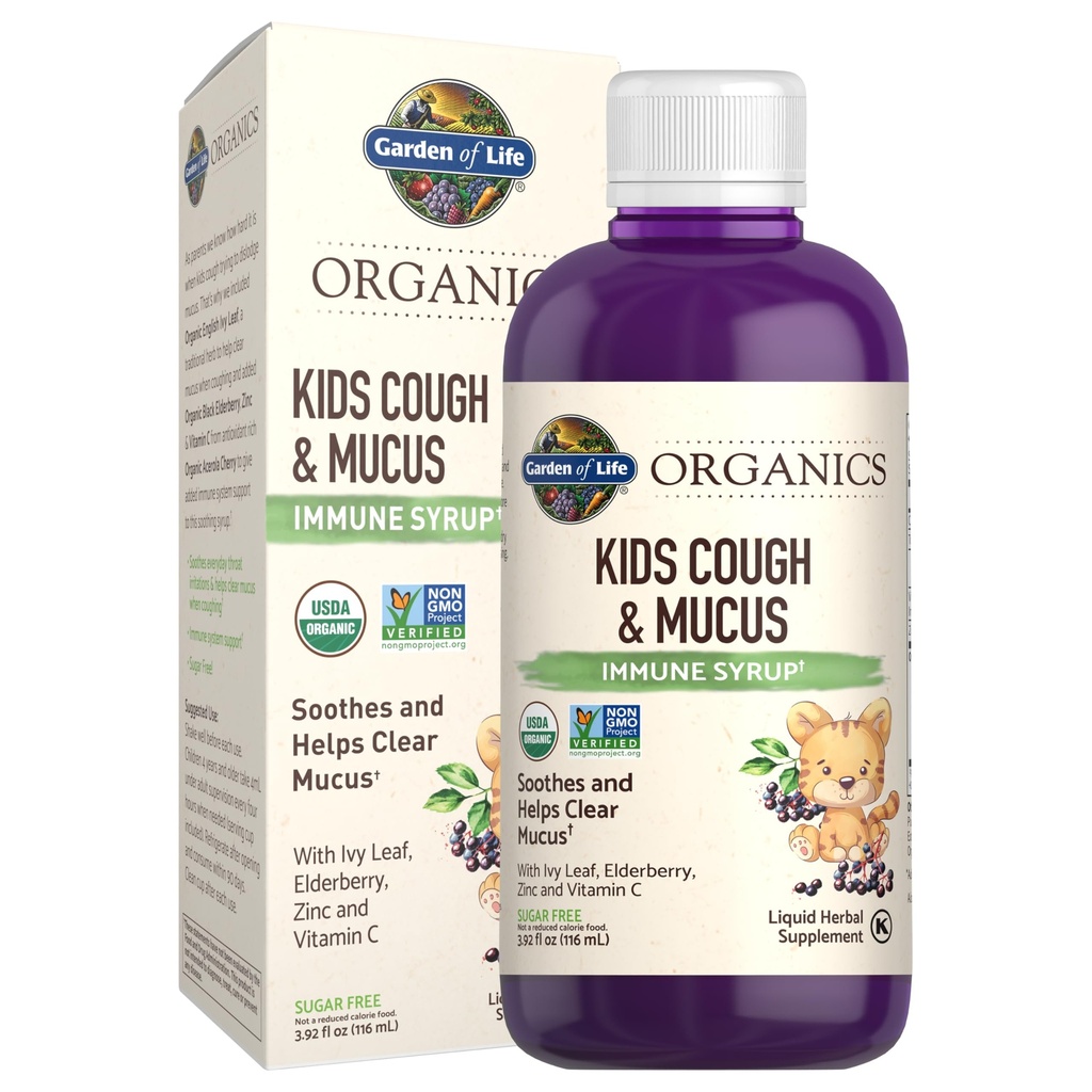 Garden of Life Organics Elderberry & Zinc untuk dukungan Imune Anak-anak, Anak-anak Batuk & Musus Immune Syrup dengan Ivy Leaf, Vitamin C dan Echinacea untuk Anak-anak, Alcohol- Free, Tidak Ditambahkan Sugars, 3.92 fl oz