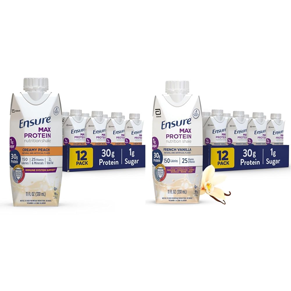 Pastikan Max Protein Nutrition Shake dengan 30g Protein, 1g Sugar, High Protein Shake, Creamy Peach & French Vanilla, Liquid, 11 fl oz (Paket 12)