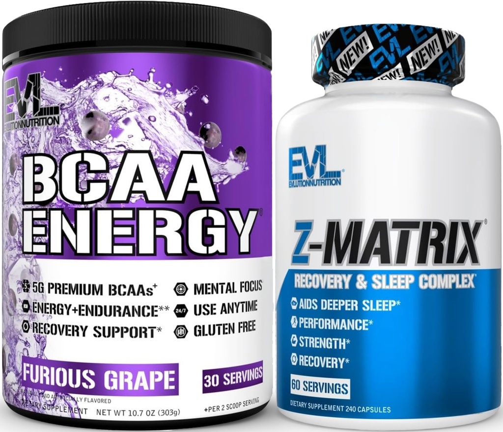 Evolution ZMatrix Magnesium dan Zinc Post Workout Supplement (60 Pelayan) Plus Replenishing BCAas Amino Acids Powder for Pre & Post Workout (Grape, 30 Pelayan)
