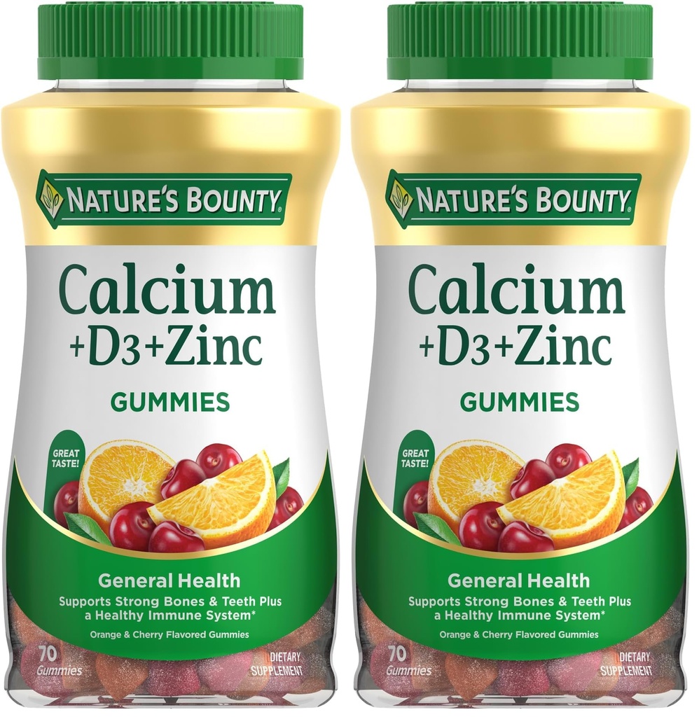 Nature 's Bounty Calcium + D3 + Zinc Gummies, Menyediakan Bones & Teeth Plus a Healthy Immune System, 500mg, Orange dan Cherry Flavared, 70 Gummies (Paket 2)