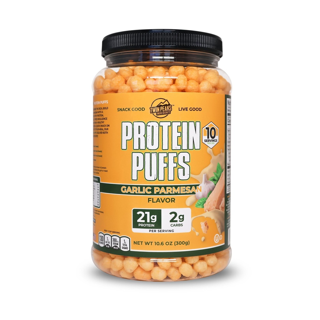Twin Peaks Protein Puffs - (Parmesan Bawang), Keto Friendly, Low Carb Snack (300g, 21g Protein, 2g Net Carbs, High Protein, Crunchy Snack sehat)