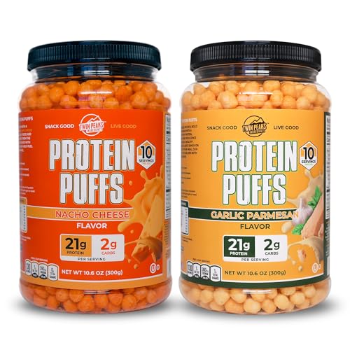 Twin Peaks Low Carb, Keto Friendly Protein Puffs, 1 Jug Bawang Parmesan Flavor Puffs + 1 Jug Nacho Cheese Flavor