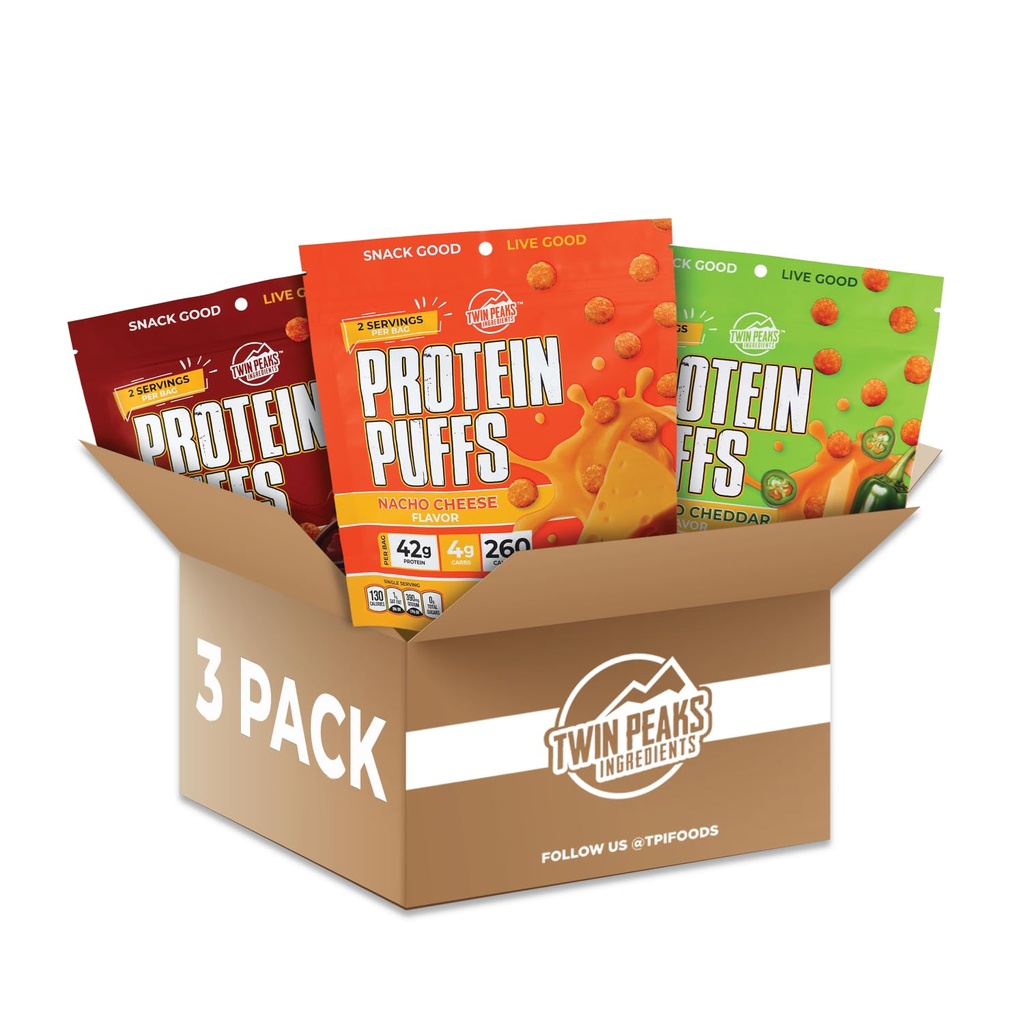 Twin Peaks Ingrediens Low Carb, Keto Friendly Protein Puffs, (Variety Pack, 2.1 Ounce), 2 Pelayan, 3 Pack (60g, 42g Protein, 4g Carbs)