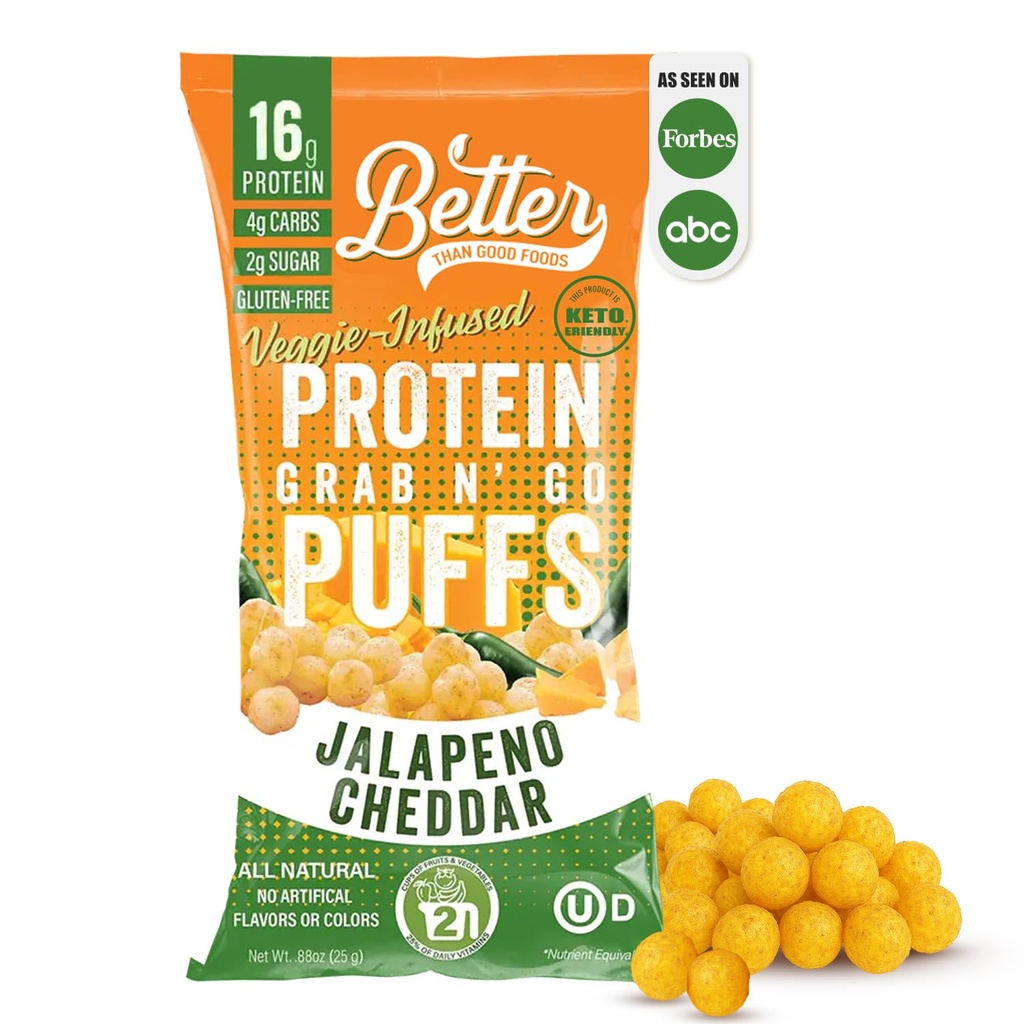 Lebih baik daripada Good Savory Keto Jalapeno Cheddar Protein Puffs 124; Gluten-Free -16g Protin, Low Sugar, Low Calorie, Diabetic FriendSnars 124; Low carb, Healthy Kids Snack 124; No Artificial Flavours (12- Pack)