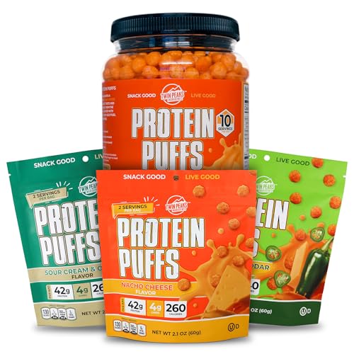Twin Peaks Low Carb, Keto Friendly Protein Puffs, 3 Bags of Assorted Flavor Puffs + 1 Jug Nacho Cheese Flavor Puffs