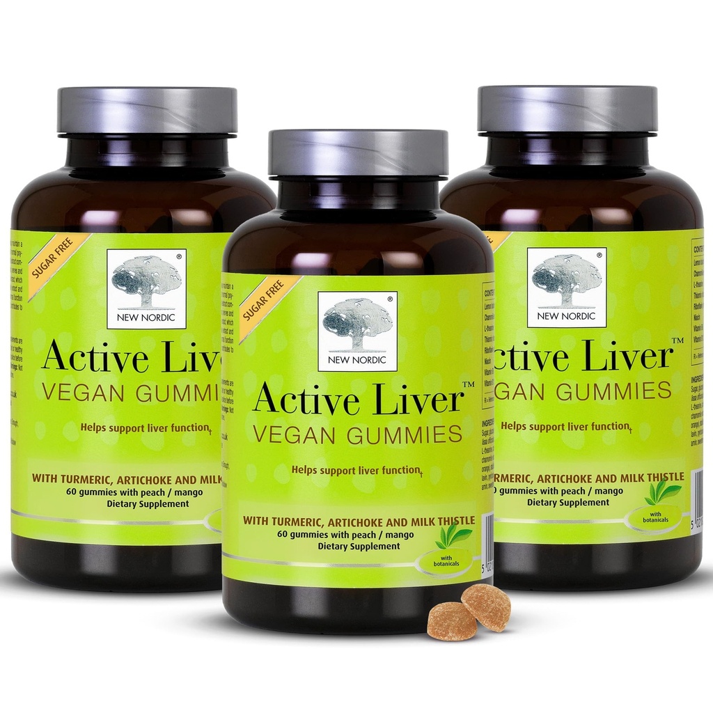 New Nordic Active Liver Gummies, Milk Thistle, Artichoke & Turmeric Suplemen, Natural Peach & Mango Flavor, Sugar Free & Vegan, 60 Count (Paket 3)