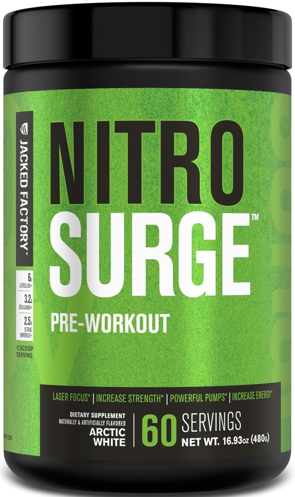 Jacked Factory NITROSURGE Pre Workout Supplement - Endless Energy, Instant Power Gains, Clear Focus, Intense Pumps - NO Booster & Powerful Pretraining Energy Quoder - 60, Arktik White