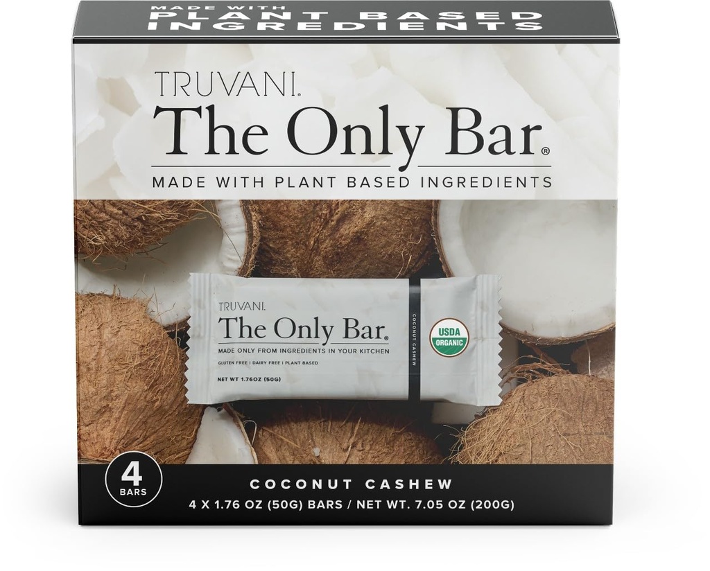 Truvani Plant Based Snack Bars 124; Coconut Cashone 4 Pack 124; 5g Protein 14; USDA Organik dan Vegan 124; Bar Hanya 124; Dairy, Soy, dan Gluten Gratis 124; Dibungkus Secara Individual