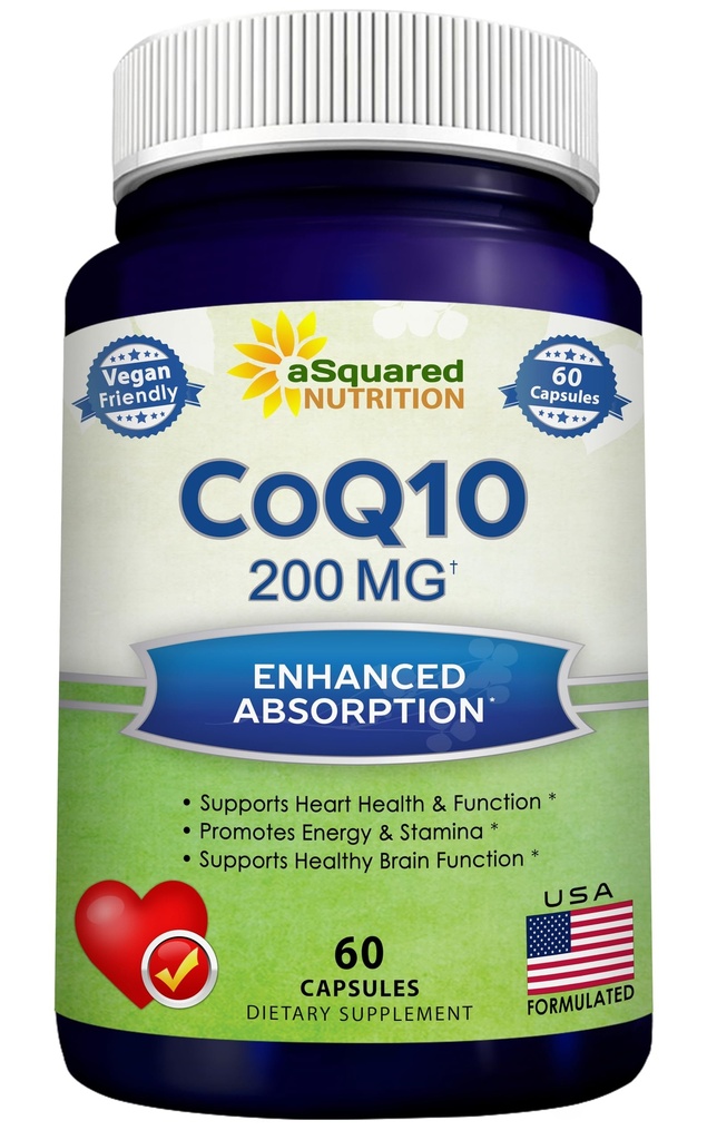 ASquared Nutrition CoQ10 200mg - 60 Capsules - CO Q 10 Suplemen - Koenzim Q10 Ubiquinone Pil - Vegan CoQ-10 Ekstra Antioksidant Vitamin - Alternatif untuk Softgels & Gummies
