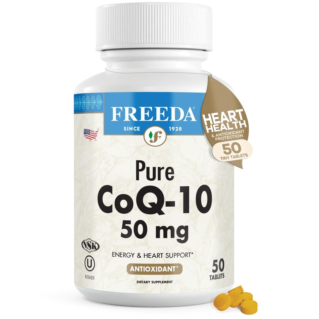 FREEDA CoQ10 50mg - Kosher Vegan Co-Q 10 Suplemen untuk Kesehatan Jantung Kardiovaskular, Tekanan Darah, Penuaan Kesehatan & Kesehatan Gum - Murni Koenzim Q10 - Ubiquinone CQ10 Suplemen (50 Count)